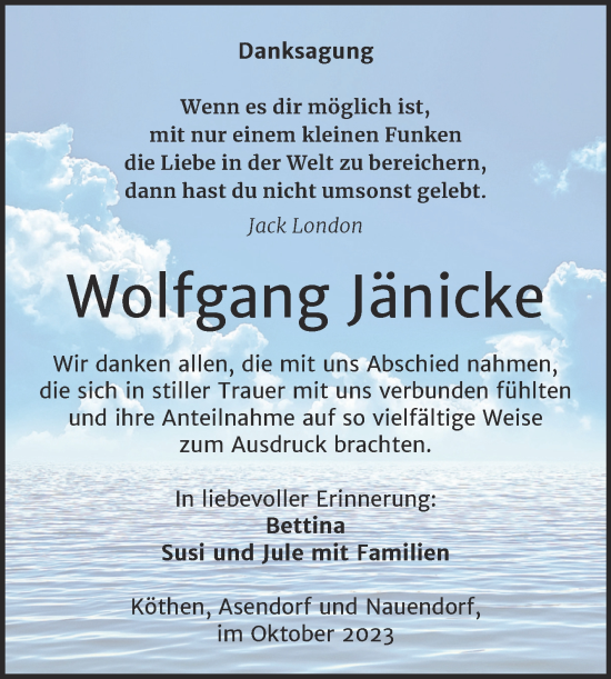 Traueranzeige von Wolfgang Jänicke von Trauerkombi Köthen