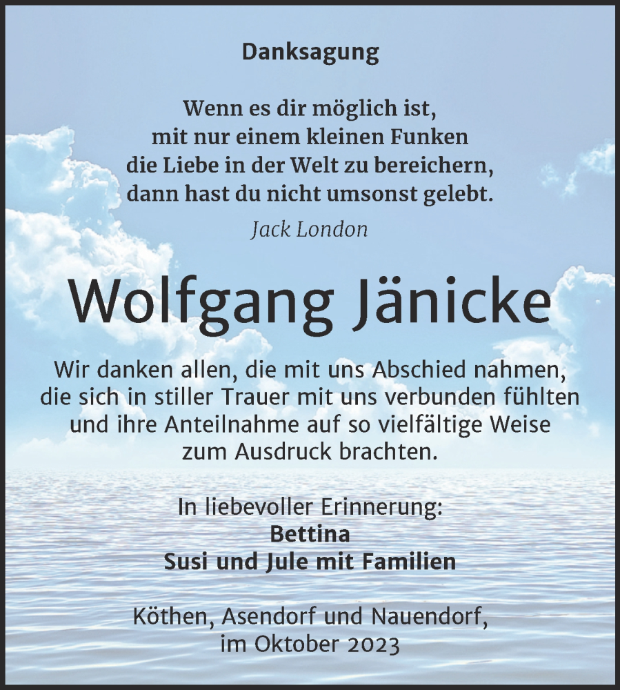  Traueranzeige für Wolfgang Jänicke vom 14.10.2023 aus Trauerkombi Köthen