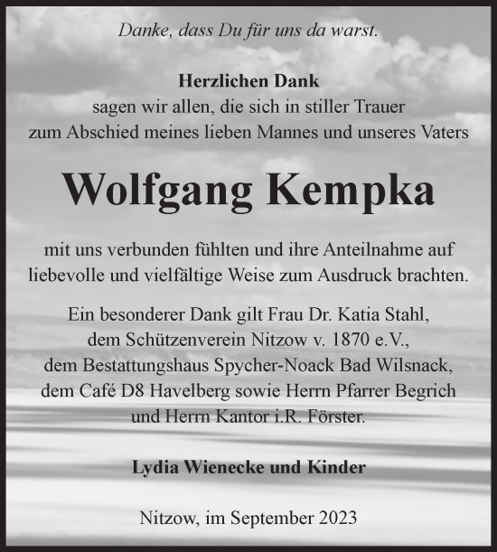 Traueranzeige von Wolfgang Kempka von Volksstimme Altmark Ost