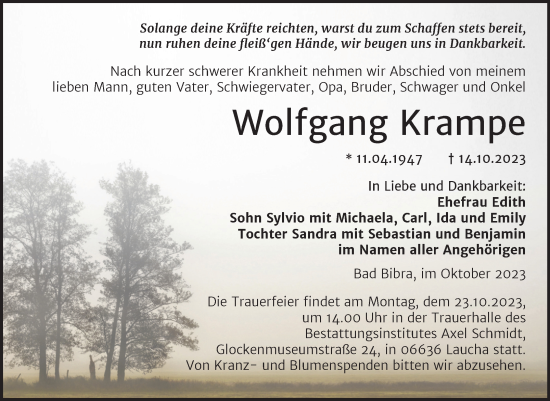 Traueranzeige von Wolfgang Krampe von Naumburger Tageblatt