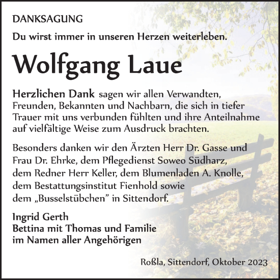 Traueranzeige von Wolfgang Laue von Trauerkombi Sangerhausen