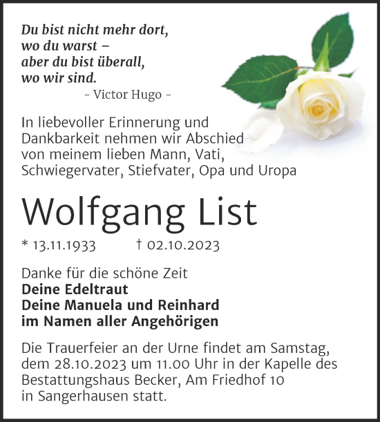 Traueranzeige von Wolfgang List von Trauerkombi Sangerhausen