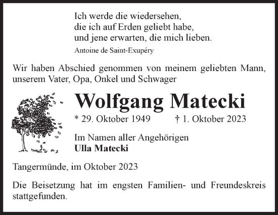 Traueranzeige von Wolfgang Matecki von Volksstimme Altmark Ost