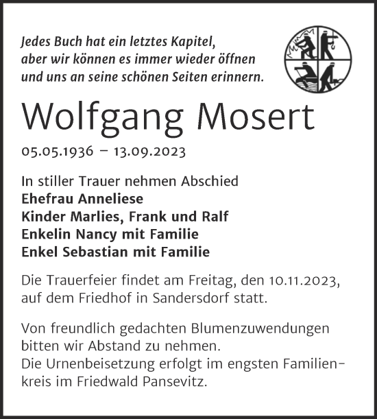 Traueranzeige von Wolfgang Mosert von Trauerkombi Bitterfeld