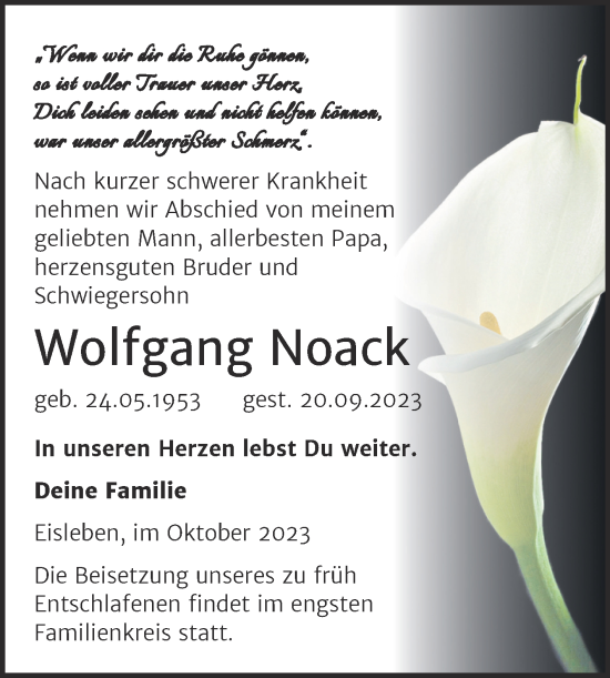Traueranzeige von Wolfgang Noack von Trauerkombi Mansfelder Land