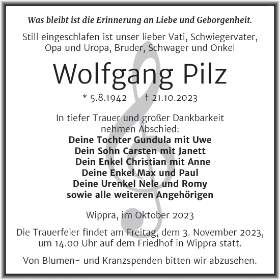 Traueranzeige von Wolfgang Pilz von Trauerkombi Mansfelder Land