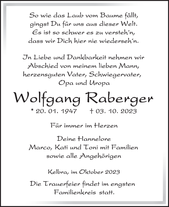 Traueranzeige von Wolfgang Raberger von Trauerkombi Sangerhausen