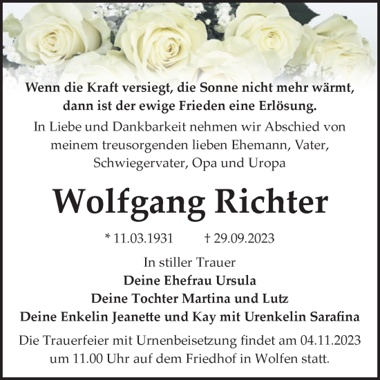 Traueranzeige von Wolfgang Richter von Trauerkombi Bitterfeld
