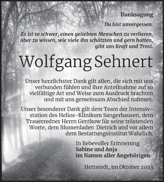Traueranzeige von Wolfgang Sehnert von Trauerkombi Mansfelder Land