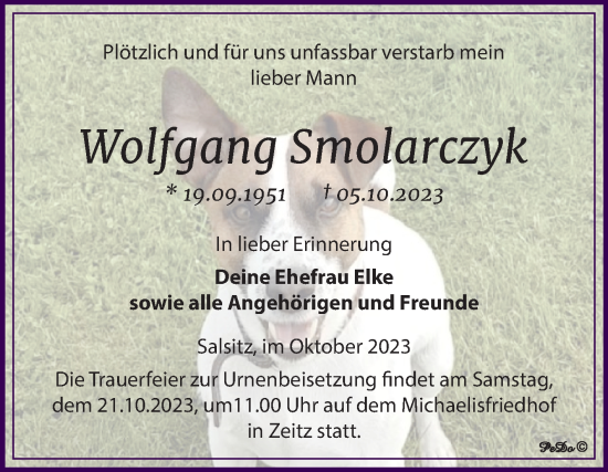 Traueranzeige von Wolfgang Smolarczyk von Trauerkombi Zeitz