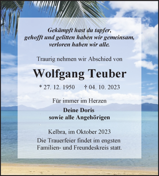 Traueranzeige von Wolfgang Teuber von Trauerkombi Sangerhausen