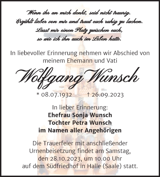 Traueranzeige von Wolfgang Wunsch von Mitteldeutsche Zeitung Halle/Saalkreis