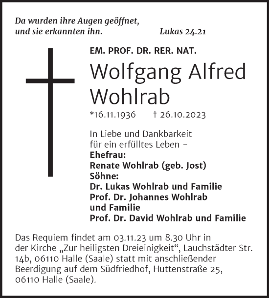 Traueranzeige von Wolfgang Alfred Wohlrab von Mitteldeutsche Zeitung Halle/Saalkreis