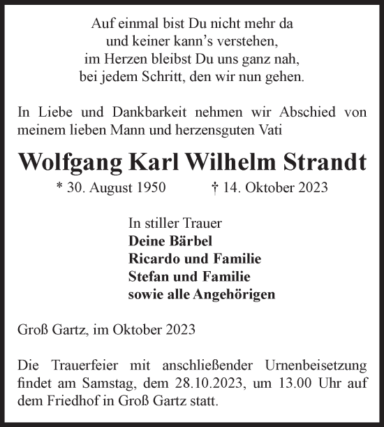 Traueranzeige von Wolfgang Karl Wilhelm Strandt von Volksstimme Altmark Ost