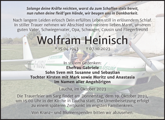 Traueranzeige von Wolfram Heinisch von Wochenspiegel Naumburg/Nebra