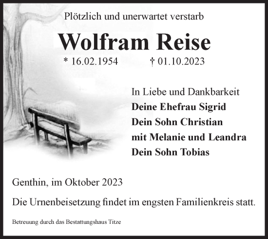 Traueranzeige von Wolfram Reise von Volksstimme Burg/Genthin