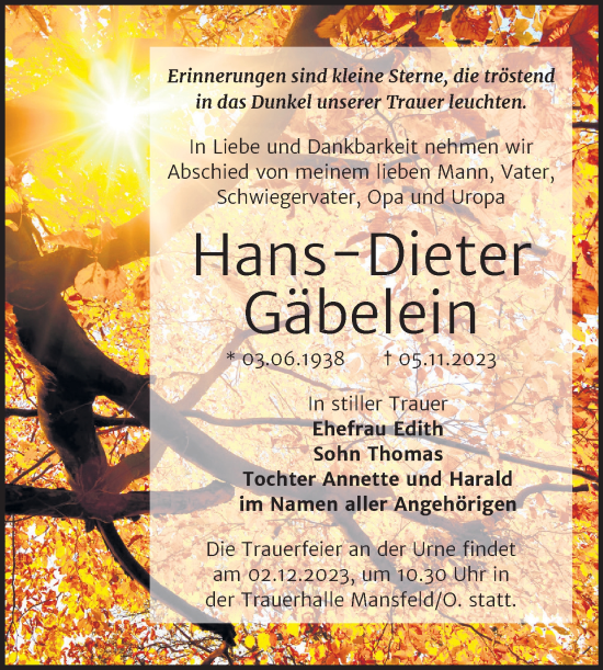 Traueranzeige von Hans-Dieter Gäbelein von Trauerkombi Mansfelder Land
