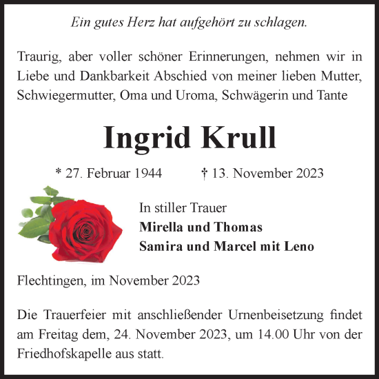 Traueranzeige von Ingrid Krull von Volksstimme Haldensleben/Wolmirstedt