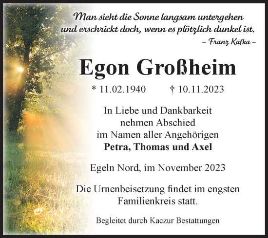 Traueranzeige von Egon Großheim von Volksstimme Staßfurt