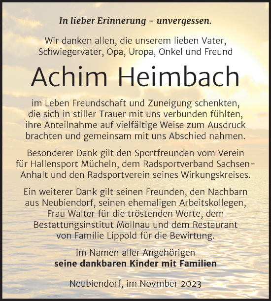 Traueranzeige von Achim Heimbach von Trauerkombi Merseburg