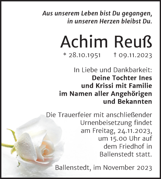 Traueranzeige von Achim Reuß von Trauerkombi Quedlinburg