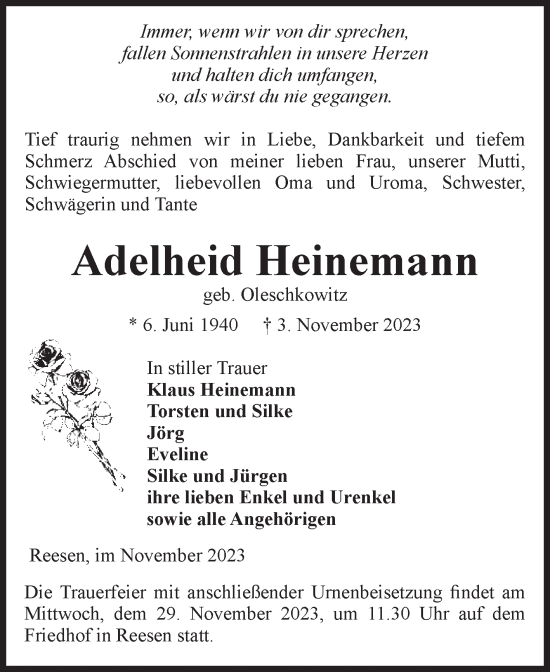 Traueranzeige von Adelheid Heinemann von Volksstimme Burg/Genthin