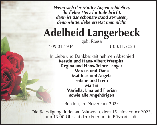 Traueranzeige von Adelheid Langerbeck von Volksstimme Haldensleben/Wolmirstedt