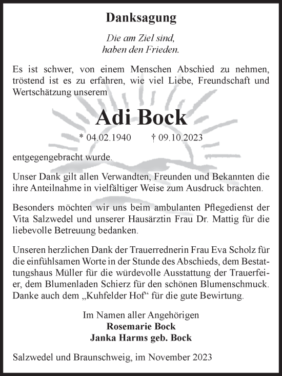 Traueranzeige von Adi Bock von Volksstimme Altmark West