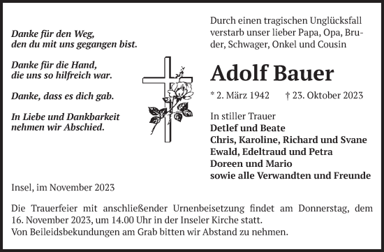 Traueranzeige von Adolf Bauer von Volksstimme Altmark Ost
