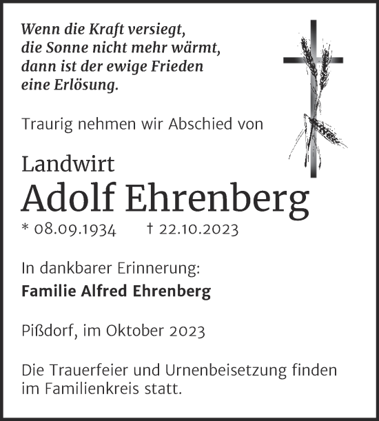 Traueranzeige von Adolf Ehrenberg von Trauerkombi Köthen