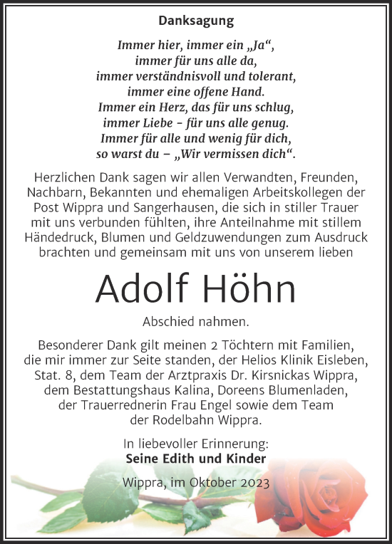 Traueranzeige von Adolf Höhn von Trauerkombi Sangerhausen