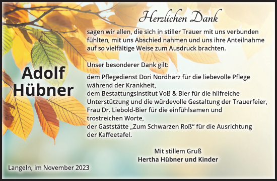 Traueranzeige von Adolf Hübner von Volksstimme Wernigerode
