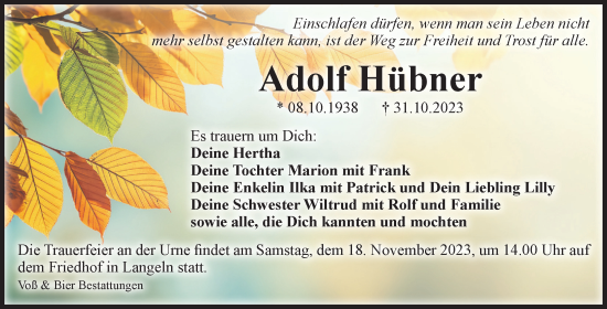 Traueranzeige von Adolf Hübner von Volksstimme Wernigerode