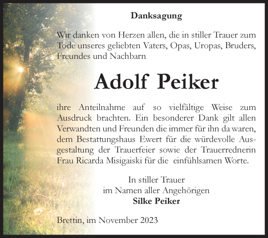 Traueranzeige von Adolf Peiker von Volksstimme Burg/Genthin