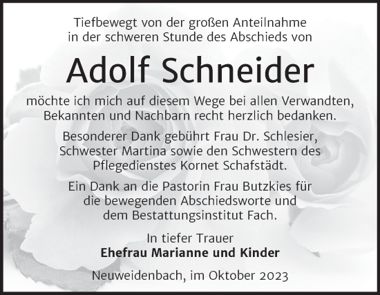 Traueranzeige von Adolf Schneider von Trauerkombi Merseburg