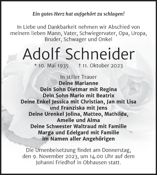 Traueranzeige von Adolf Schneider von Trauerkombi Merseburg