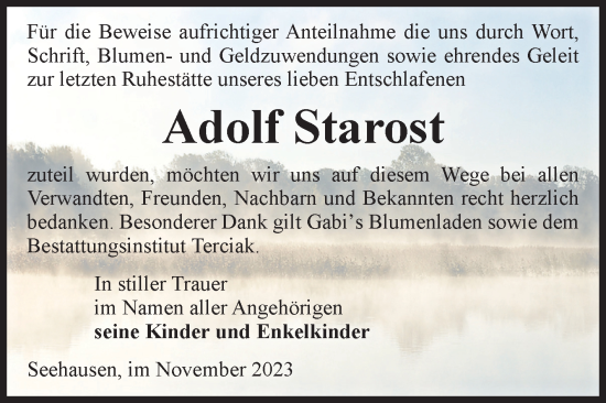 Traueranzeige von Adolf Starost von Volksstimme Oschersleben/Wanzleben