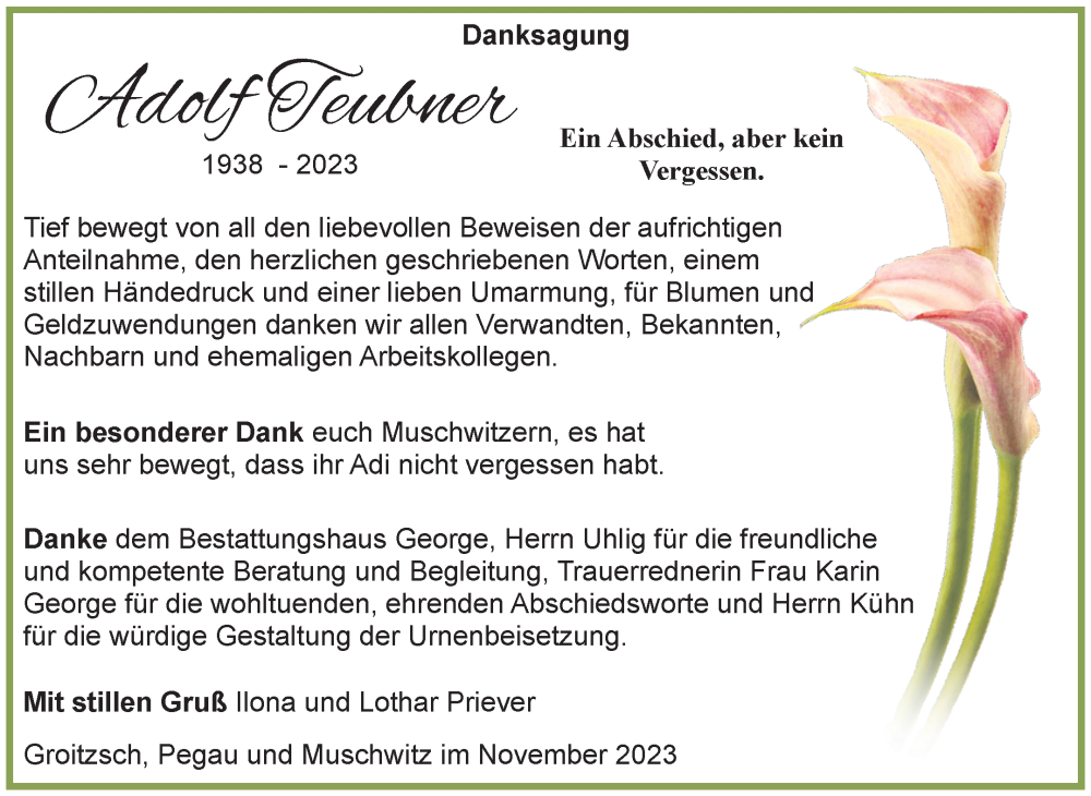  Traueranzeige für Adolf Teubner vom 29.11.2023 aus Trauerkombi Weißenfels