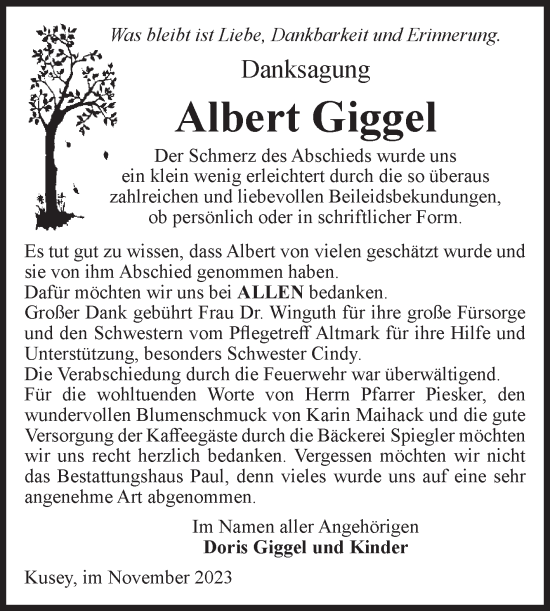 Traueranzeige von Albert Giggel von Volksstimme Altmark West