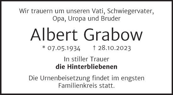 Traueranzeige von Albert Grabow von Trauerkombi Bernburg