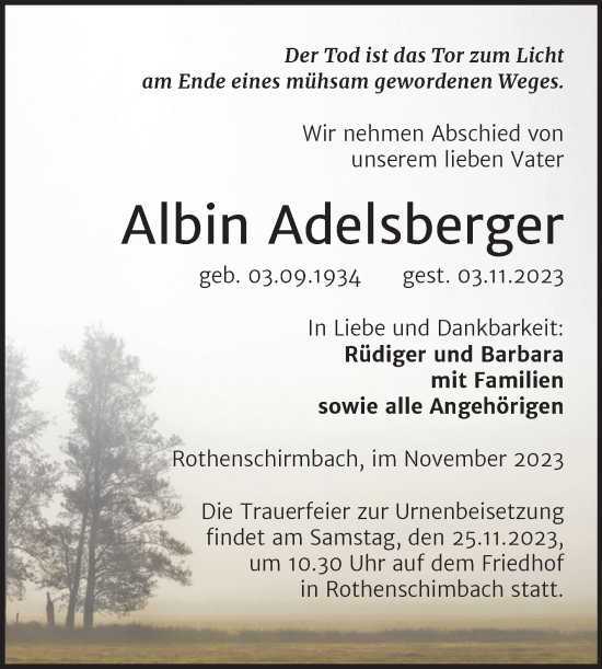 Traueranzeige von Albin Adelsberger von Trauerkombi Mansfelder Land