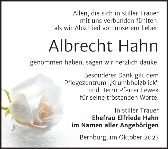 Traueranzeige von Albrecht Hahn von Trauerkombi Bernburg