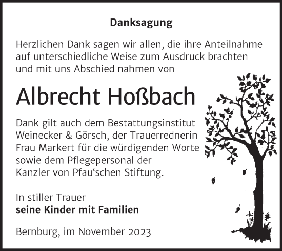 Traueranzeige von Albrecht Hoßbach von Trauerkombi Bernburg