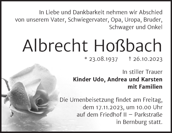 Traueranzeige von Albrecht Hoßbach von Super Sonntag Bernburg