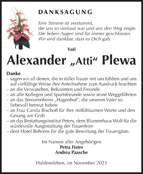 Traueranzeige von Alexander Plewa von Volksstimme Haldensleben/Wolmirstedt