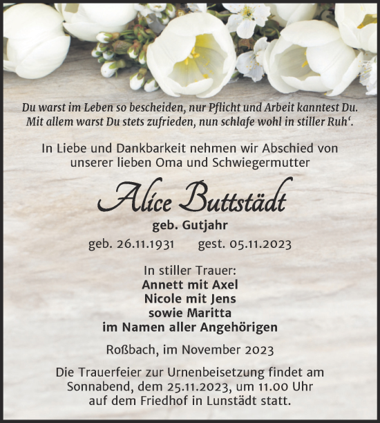 Traueranzeige von Alice Buttstädt von Trauerkombi Merseburg