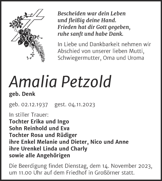 Traueranzeige von Amalia Petzold von Trauerkombi Mansfelder Land