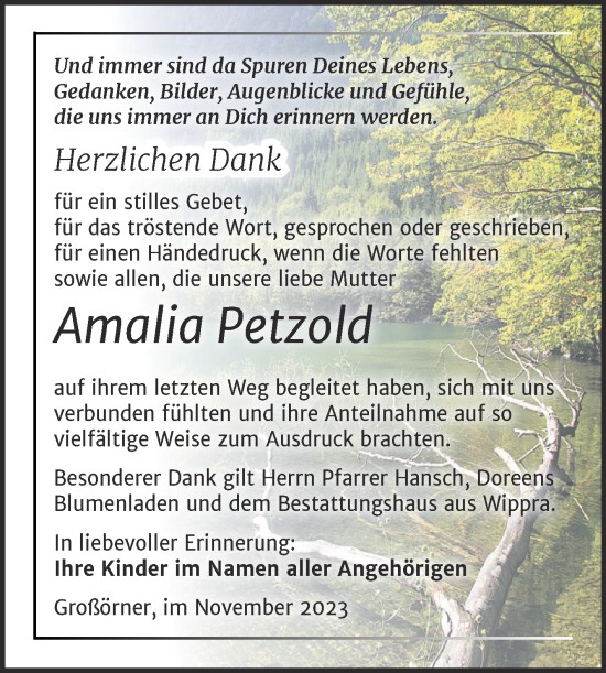 Traueranzeige von Amalia Petzold von Trauerkombi Mansfelder Land