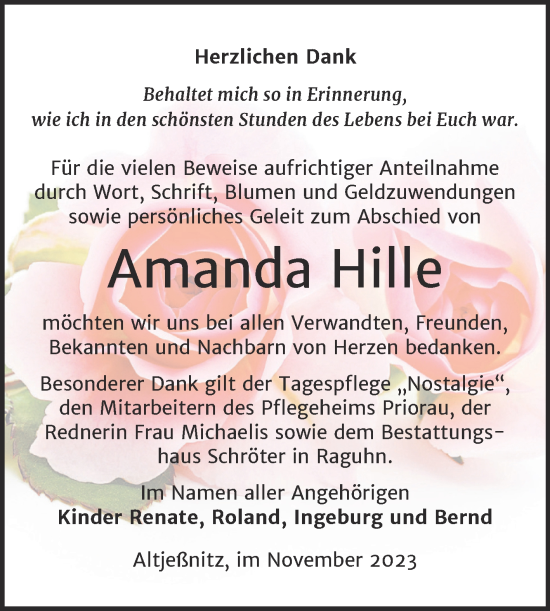 Traueranzeige von Amanda Hille von Trauerkombi Bitterfeld