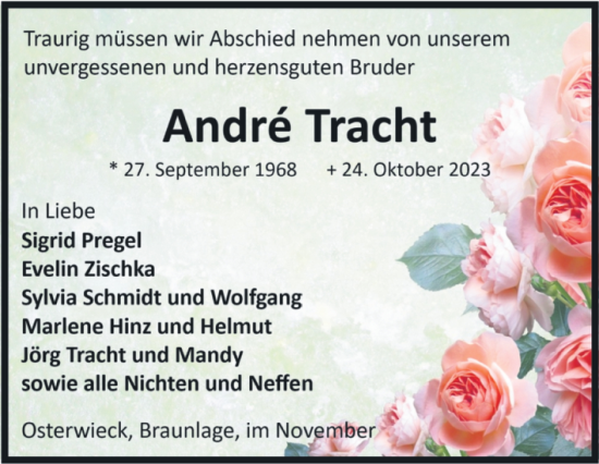 Traueranzeige von Andre Tracht von Volksstimme Halberstadt